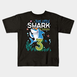 Turning 3 Years Old, Boy Girl Shark Birthday Theme, 3rd Bday Kids T-Shirt